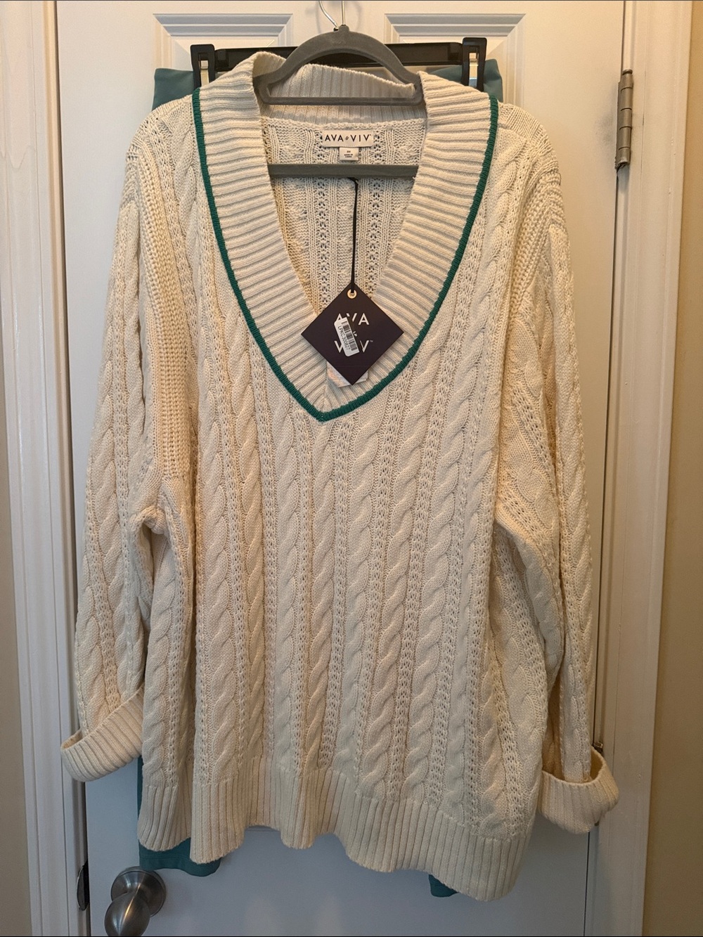Ava & Viv Cream Cable Knit V-Neck Sweater with Teal Trim 3XL